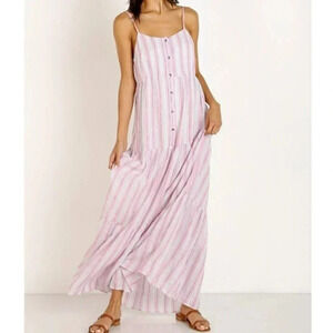 Splendid Vacation Dress Maxi Size M Pink Striped Sundress Tiered Button Front